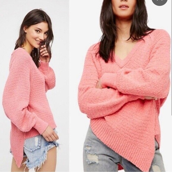 FREE PEOPLE West Coast Asymmetrical V Neck Pullover Knit Sweater Pink Sz S - Picture 1 of 4